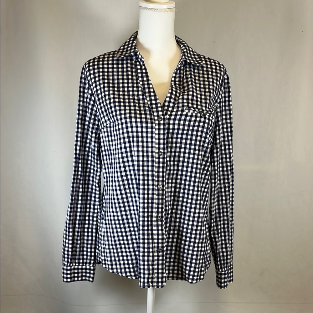 KUT from the Kloth Gingham Button Down Shirt Navy Blue White Checkered LS